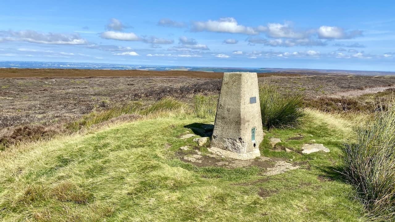 The Round Hill triangulation pillar is about one-quarter of the way round this Urra Moor walk.