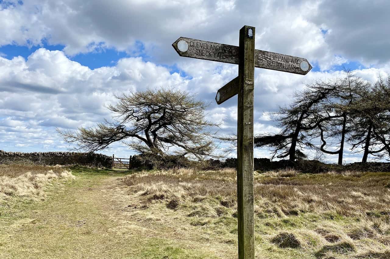 A signpost on the Cleveland Way above Boltby Scar, pointing to Sneck Yate to the north, Sutton Bank to the south, and Hambleton Road to the east.