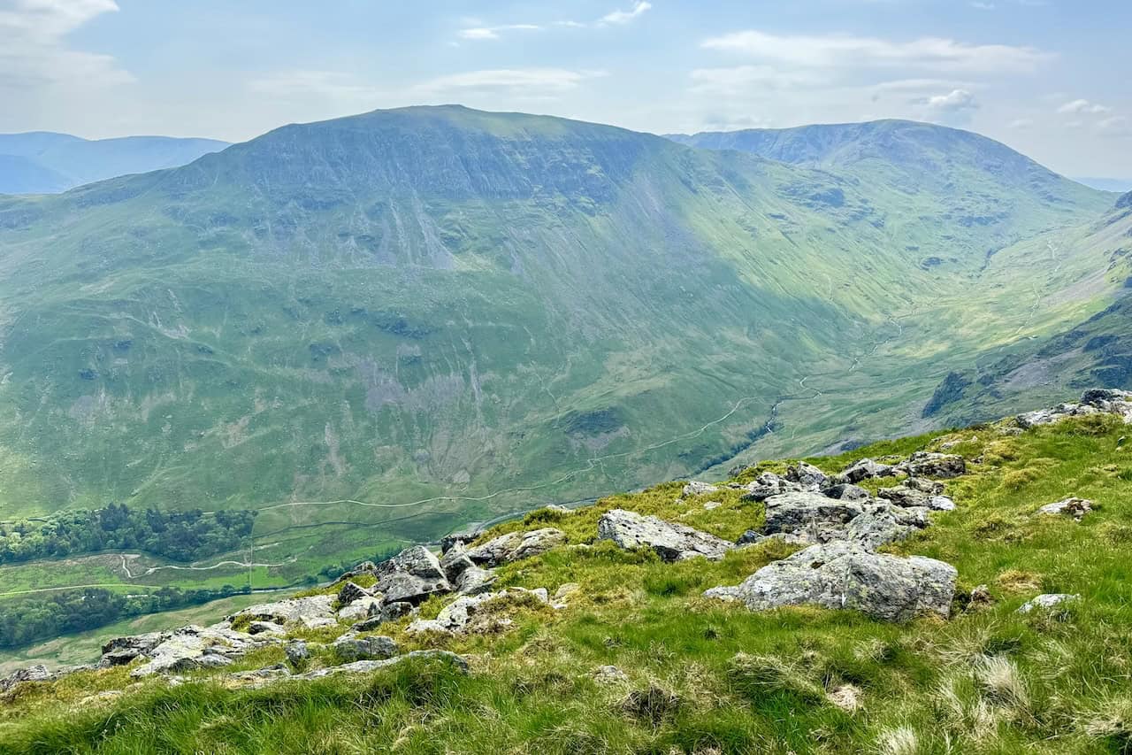 The view south from Bleaberry Crag highlights the massive St Sunday Crag and the magnificent Fairfield to the right.