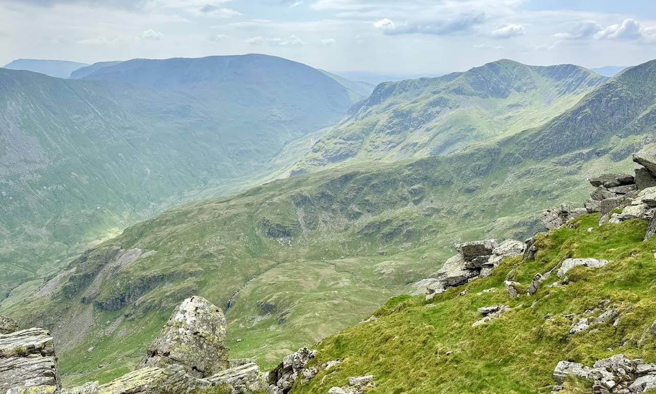 The view south from High Spying How showcases Fairfield on the left and Dollywaggon Pike on the right.