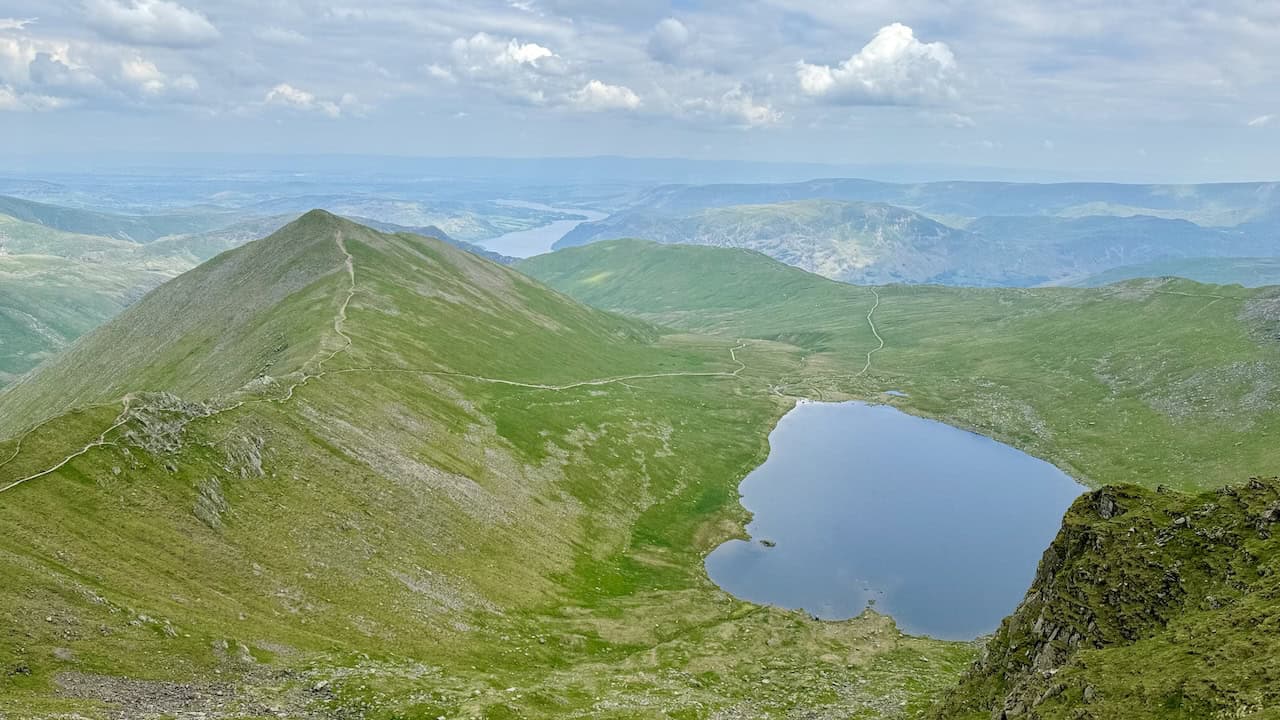 The breathtaking view from Helvellyn’s summit north-east showcases Ullswater clearly, with Red Tarn shining brilliantly below.