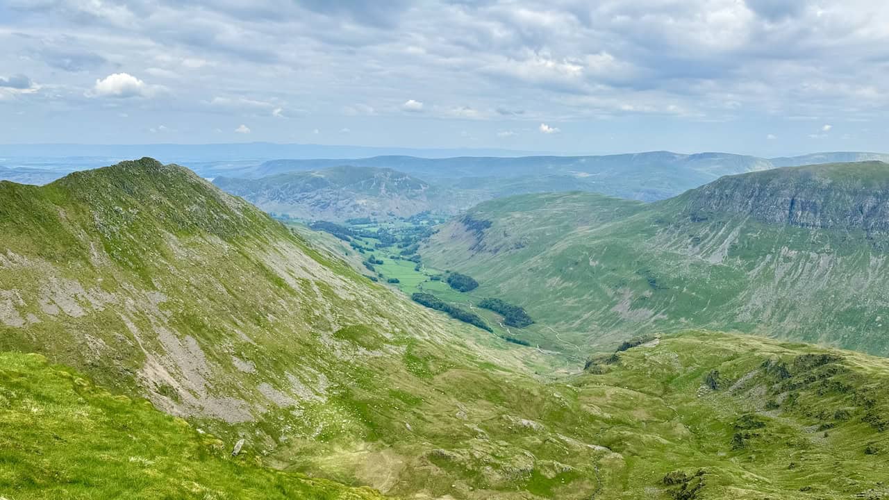 Heading towards Nethermost Pike, the views down into Grisedale are spectacular. We now see the track through the valley, which will lead us back to Patterdale.