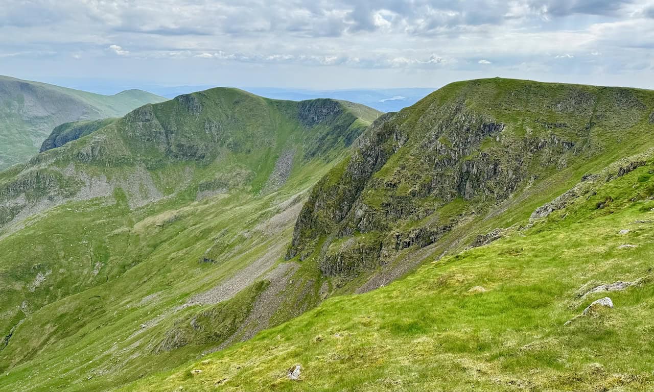 The view south from Nethermost Pike towards High Crag on the right and Dollywaggon Pike on the left is captivating and expansive.