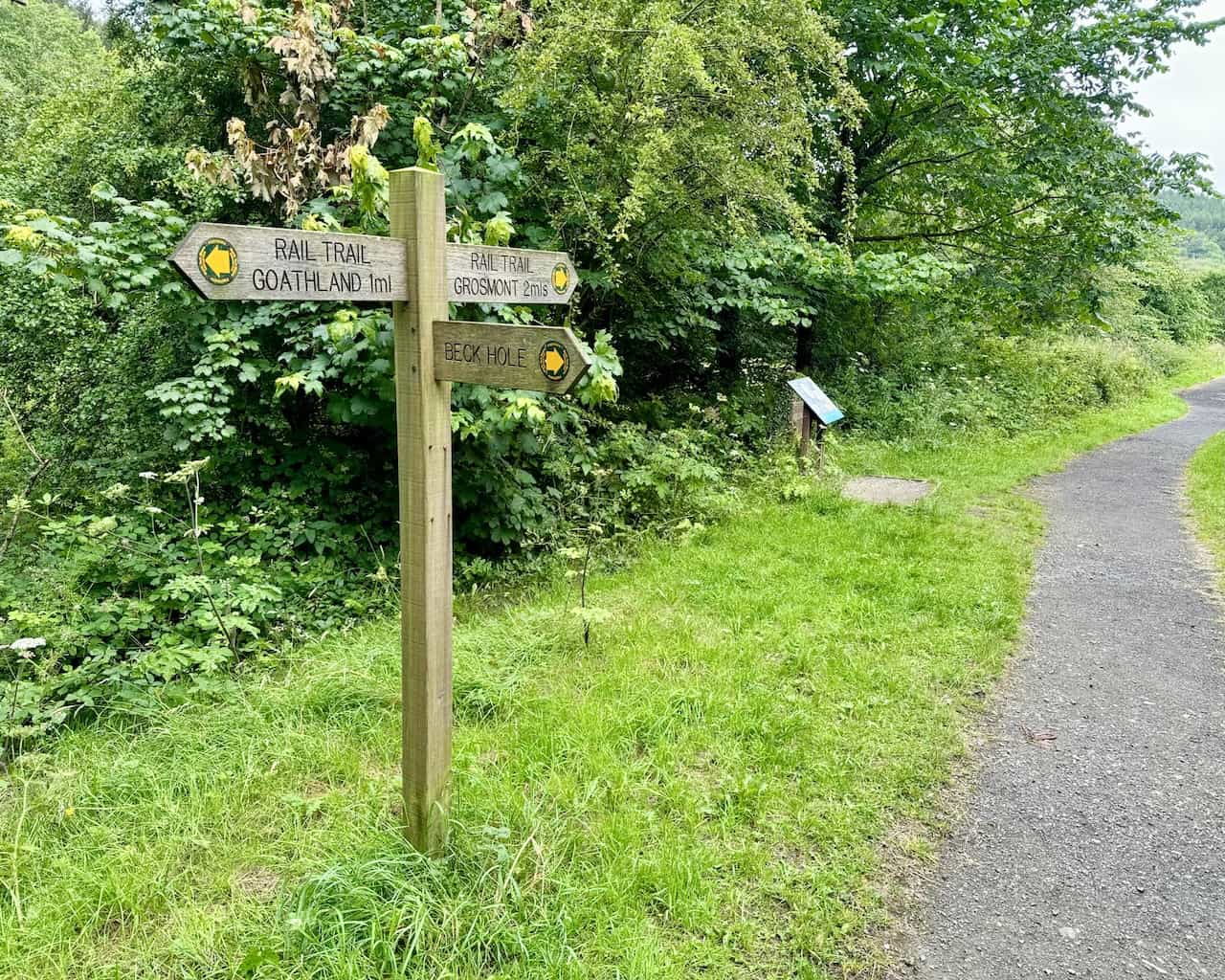 The original site of Beck Hole Station with an interpretation display board explaining the area’s history. A path to Beck Hole village and pub is on the right, but to continue to Grosmont, proceed straight ahead.