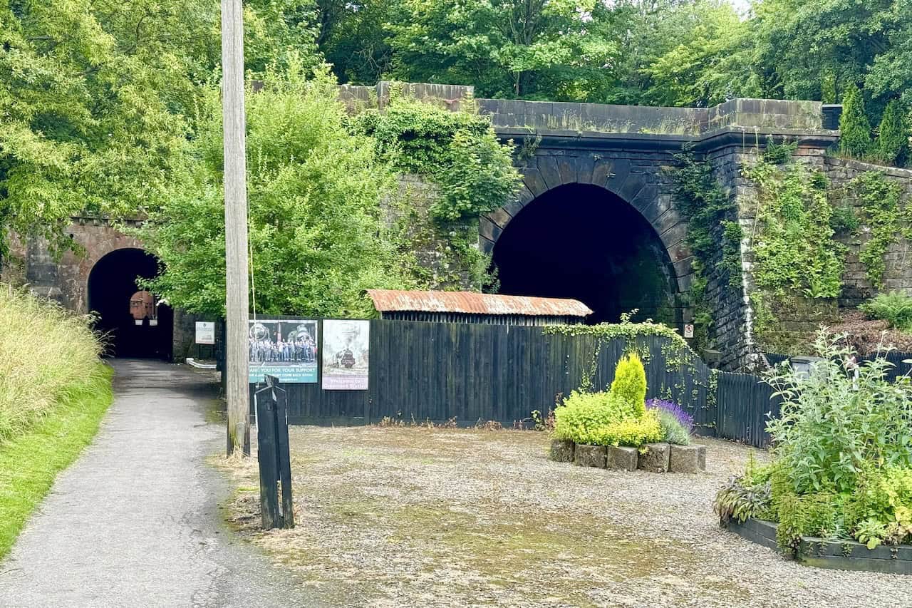 Two tunnels near the railway station in Grosmont. The smaller tunnel on the left was used by George Stephenson’s horse-drawn carriages, while the larger one on the right is used by the current railway line.