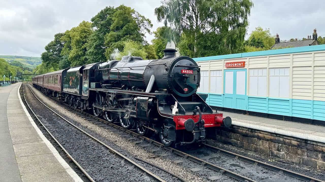 Steam locomotive 44806, known as 'Kenneth Aldcroft,' at Grosmont Railway Station. Built in 1944, the locomotive has a rich history and was overhauled to ensure its continued operation. This is a highlight of my Goathland to Grosmont walk.