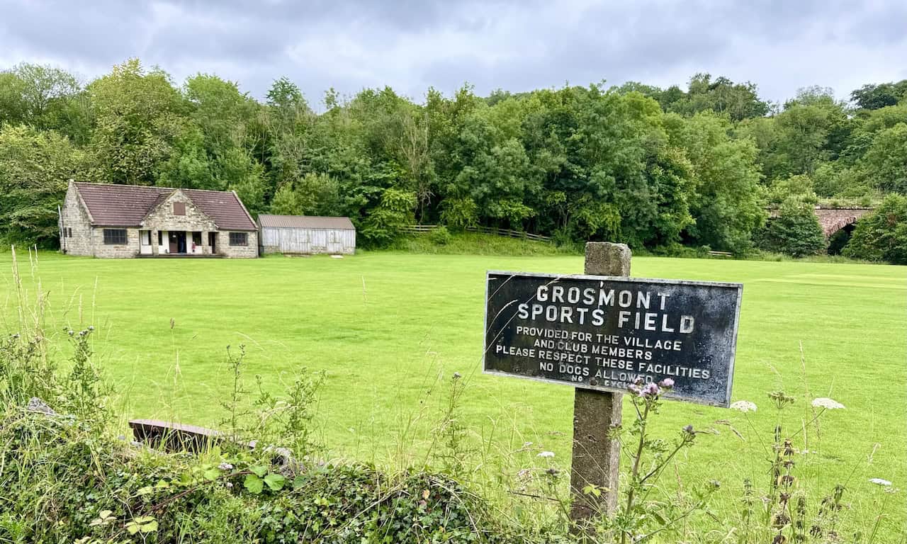 Grosmont Cricket Club’s sports field opposite the woodland car park, a nostalgic spot for local cricket games.