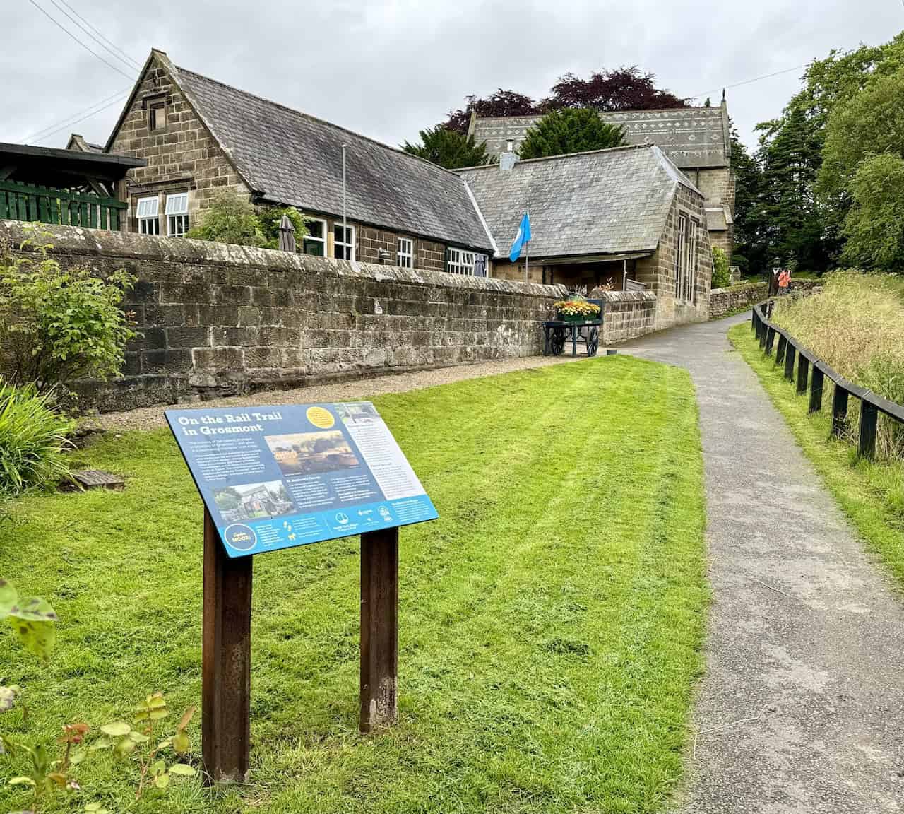The path past the Old School Coffee Shop and St Matthew’s Church, following the well-signposted Rail Trail on the Grosmont to Goathland walk.
