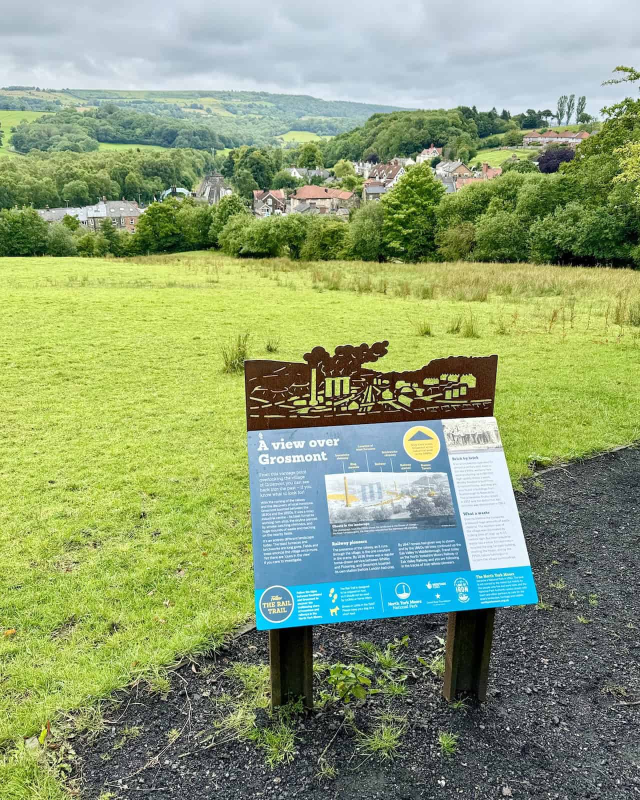 A viewing area at the top of the bank, overlooking Grosmont and featuring historical information about the ironworks on the Grosmont to Goathland walk.
