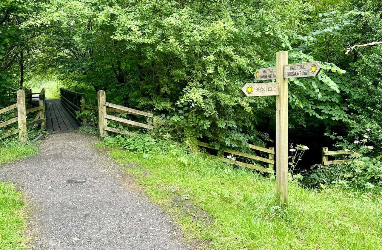 Beck Hole Station site with historical information and a signpost to Beck Hole village, located on the Grosmont to Goathland walk.