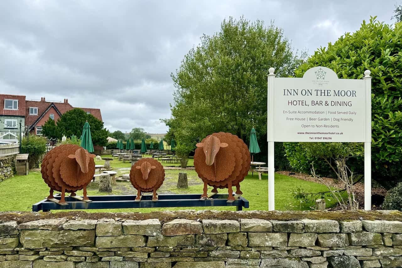 The Inn on the Moor, featuring cast iron sheep in the garden, located near Scripps Garage on the Grosmont to Goathland walk.