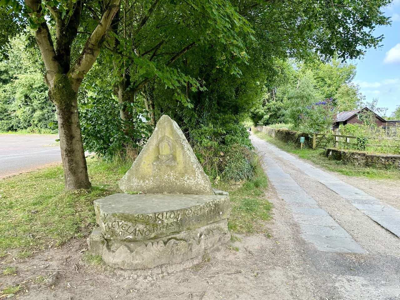 A triangular stone monument marking the start of the Cleveland Way National Trail in Helmsley town centre. The Helmsley to Rievaulx Abbey walk also begins here.
