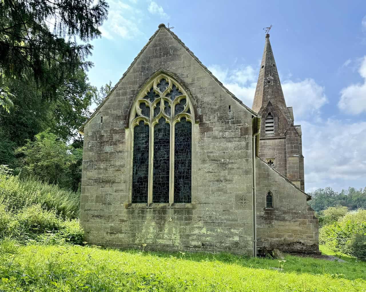 St Mary's Church in the village of Rievaulx, featuring a Gothic-style window and pointed spire.
