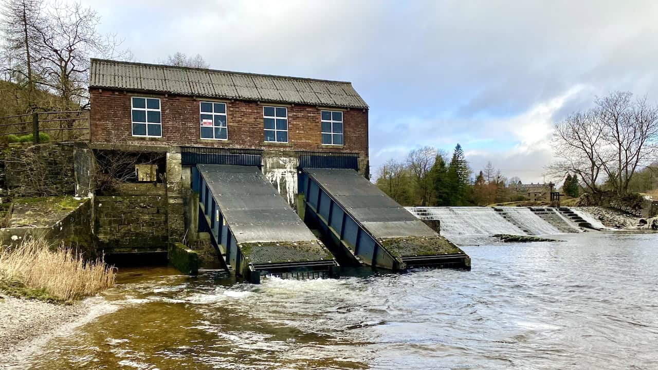 Linton Falls Hydro, a modern hydroelectric power station on the River Wharfe, generating renewable energy with minimal impact on local wildlife. A highlight on our Linton walk.