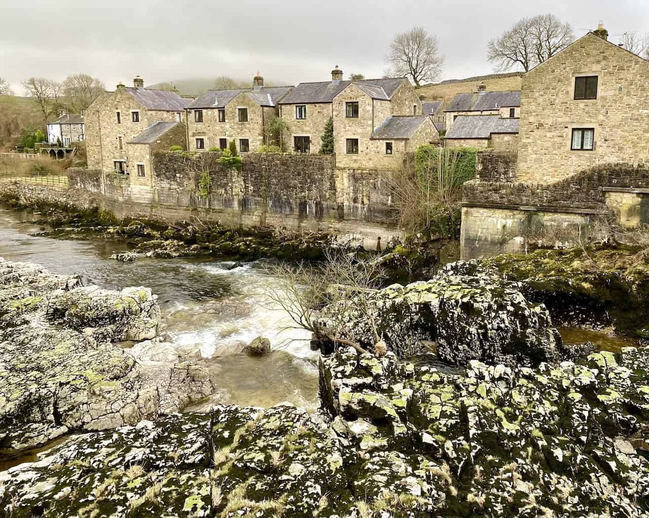 Linton Falls, the largest waterfall on the River Wharfe, with dramatic limestone outcrops and scenic walking trails nearby.