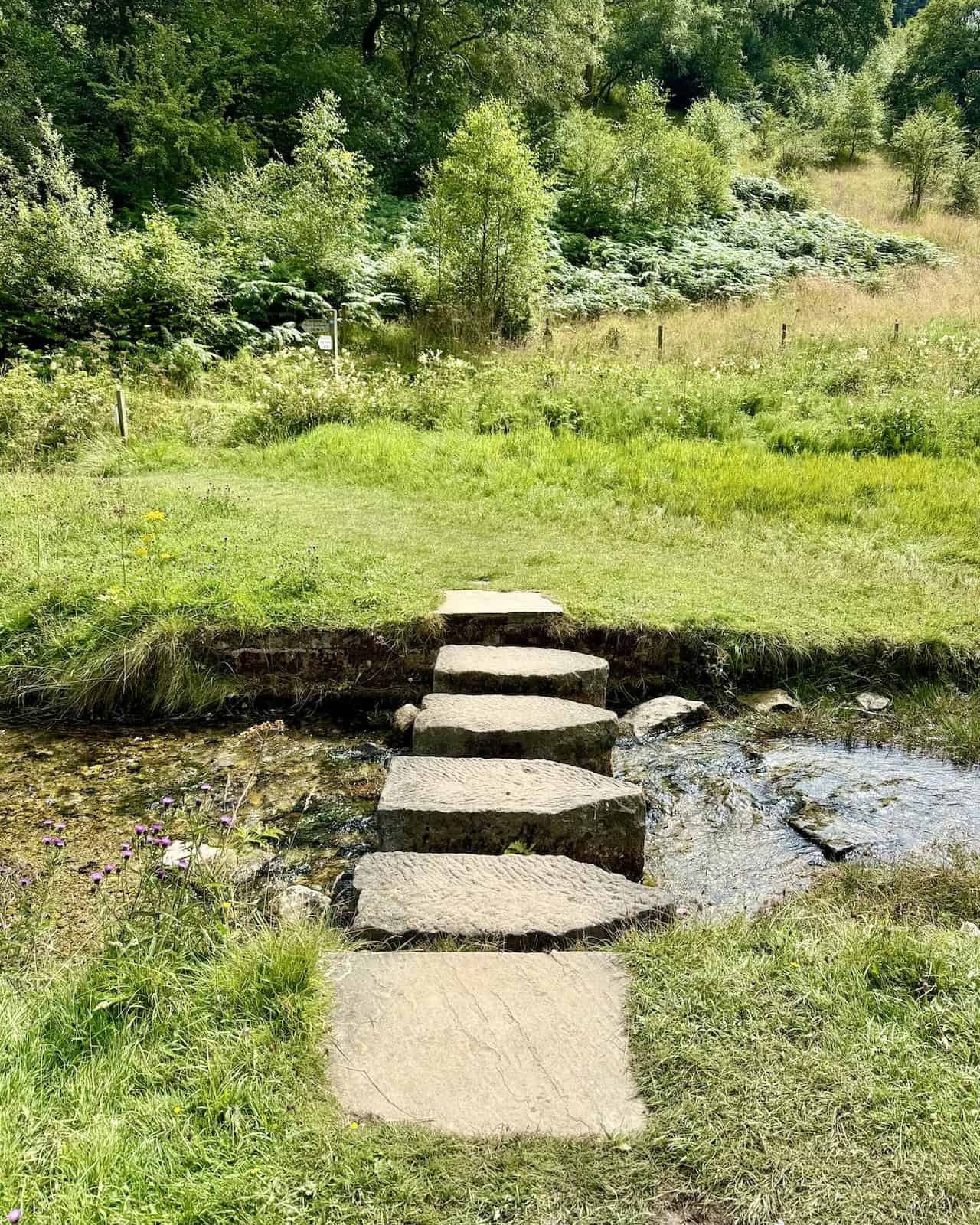 Rievaulx Abbey walk featuring stepping stones across a small stream after Callister Wood.
