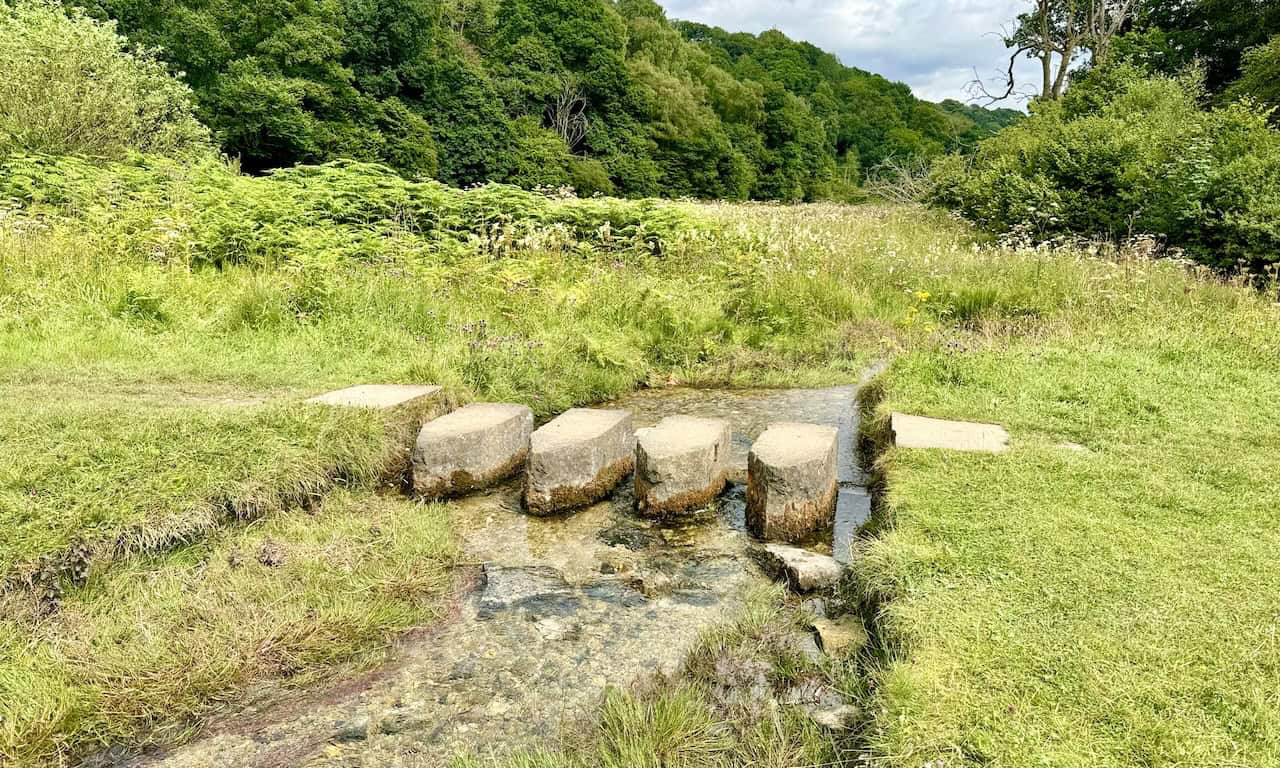 Four stepping stones shaped like arrowheads, helping direct water flow around them.
