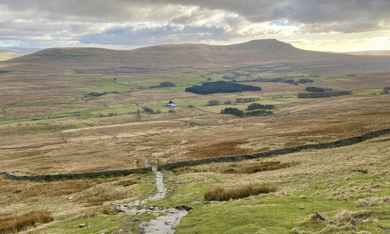 Repaired footpath descending Whernside, restored in 2019 using locally-quarried stone, part of the Yorkshire Three Peaks route.