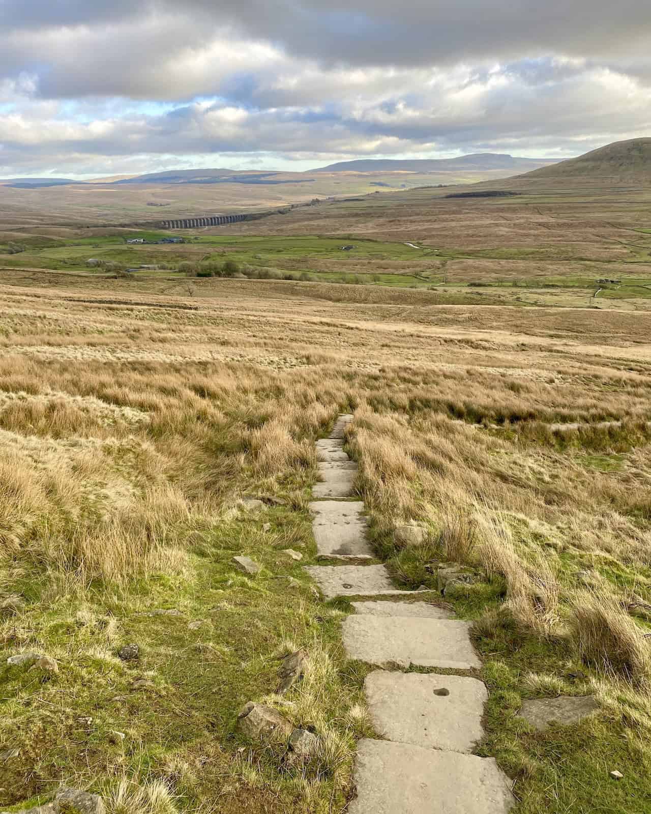 Footpath descending from Whernside that is also part of A Pennine Journey, a long-distance walking route inspired by Alfred Wainwright's 1938 walk.