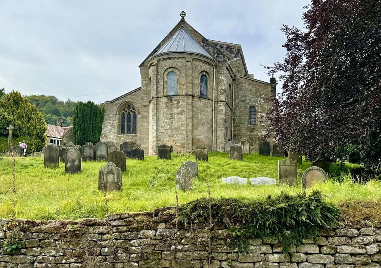 Looking up at the Church of St Mary from The Blacksmiths Arms in Lastingham.
