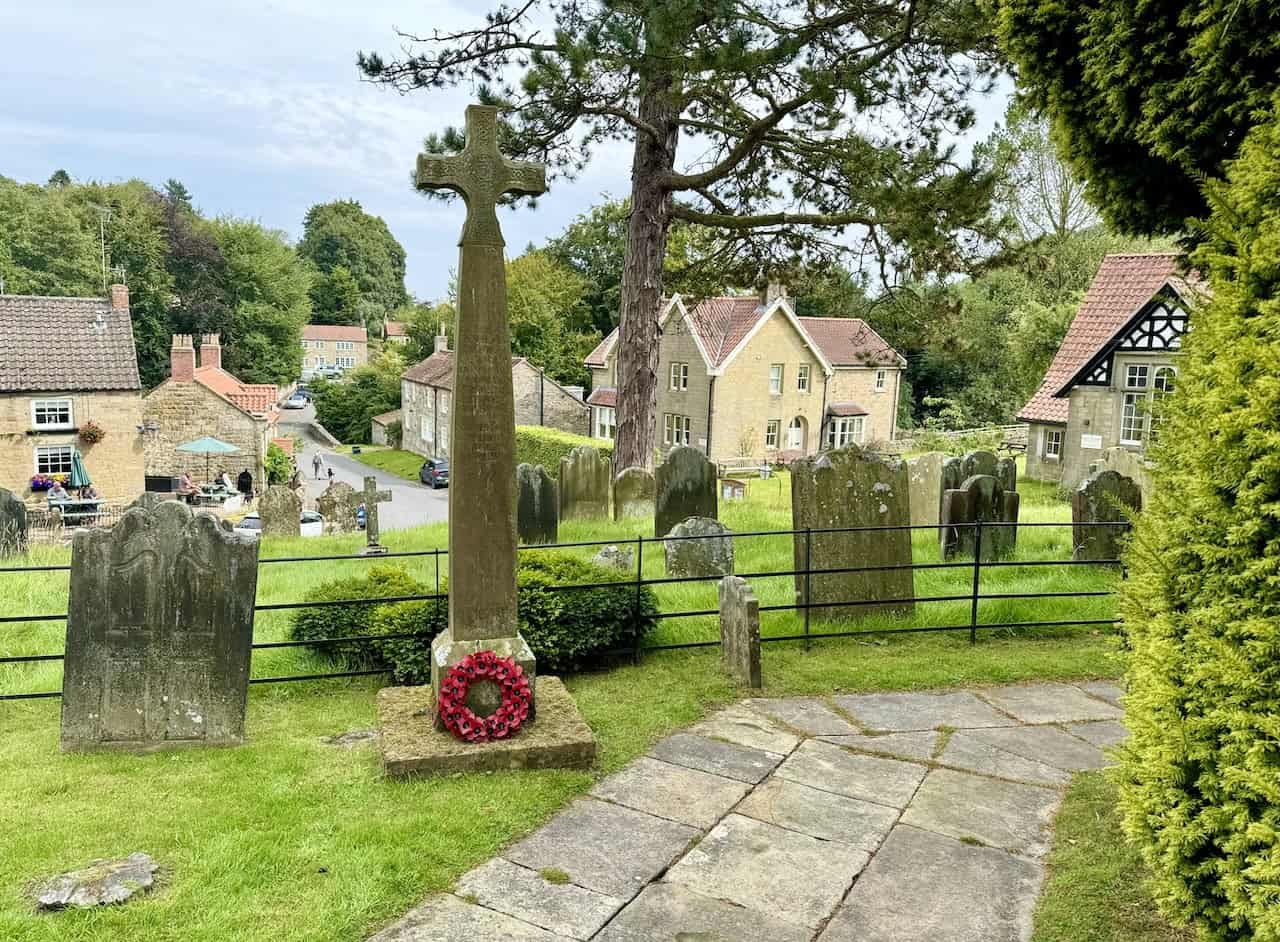 Graveyard of the Church of St Mary with views of The Blacksmiths Arms and Lastingham village.
