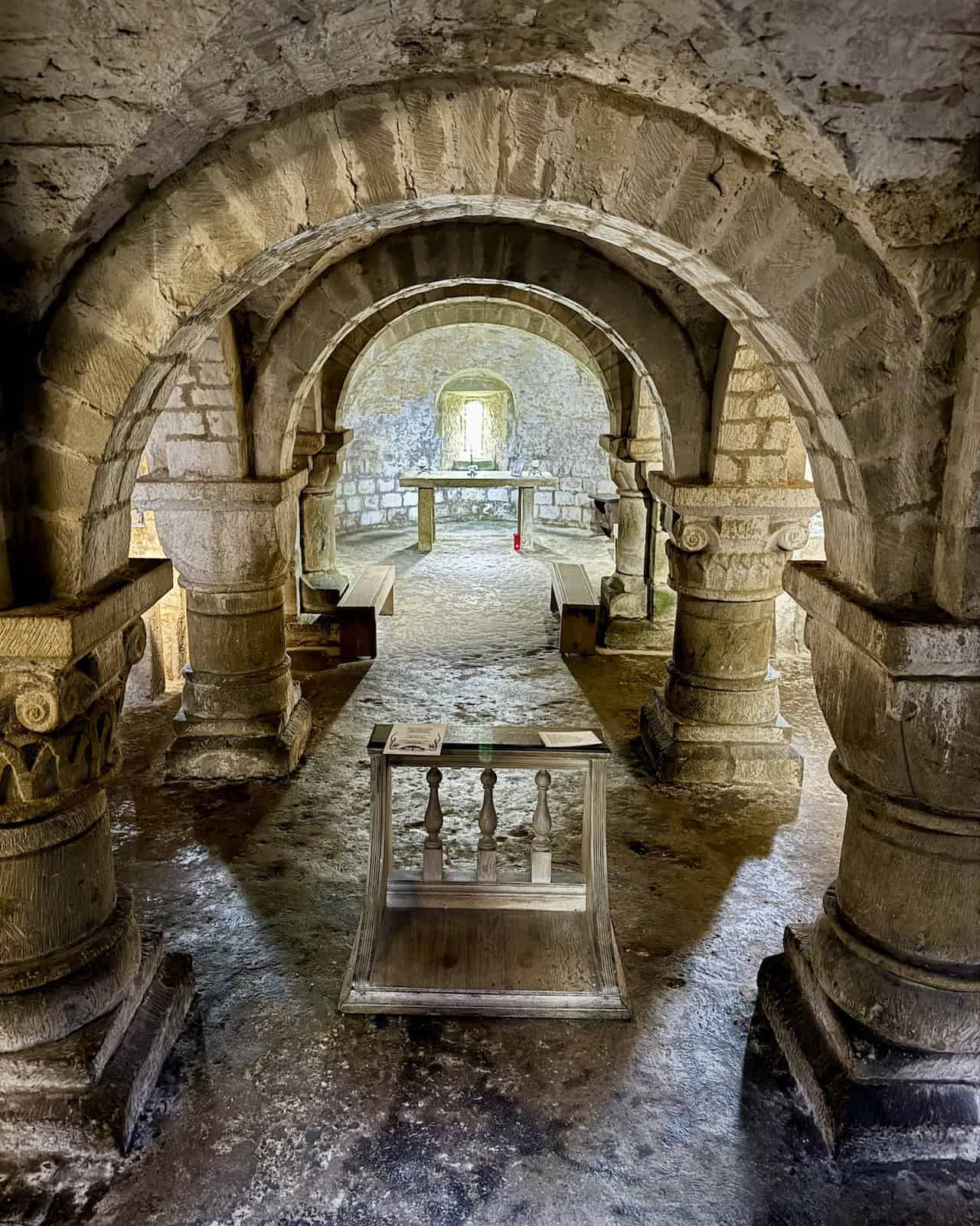 Unique Norman crypt beneath the Church of St Mary, Lastingham, reputed to have the oldest combination of nave, apse, and side aisles.
