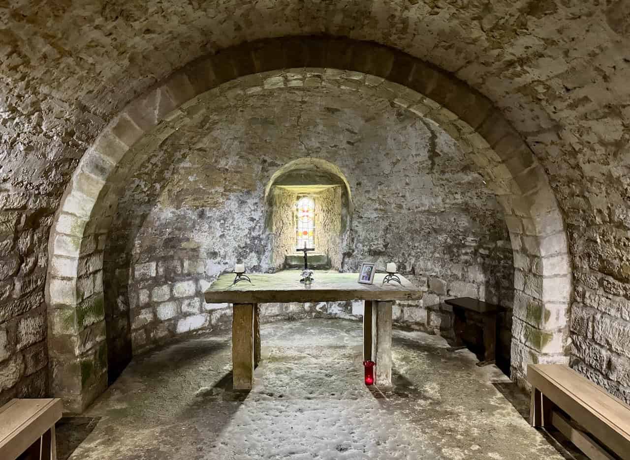 Unique Norman crypt beneath the Church of St Mary, Lastingham, reputed to have the oldest combination of nave, apse, and side aisles.
