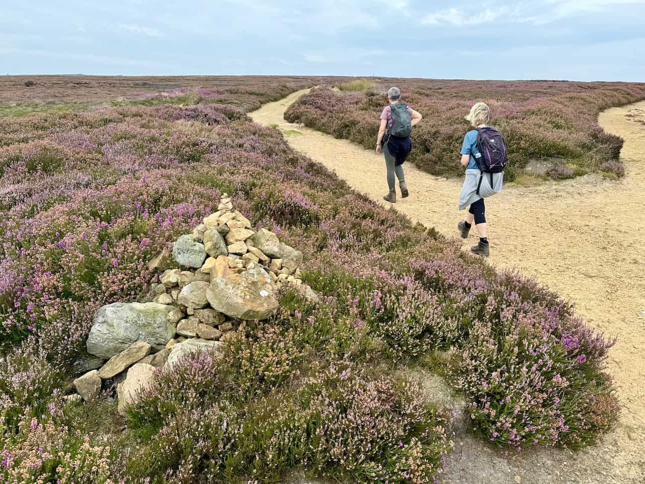 View of Ana Cross visible on the horizon along the moorland path on the Rosedale Abbey walk.
